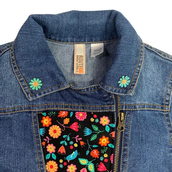 Route 66 Denim Jacket Jean Floral Blue Black Pink Ruffle Metallic Boho Large - Picture 3 of 16